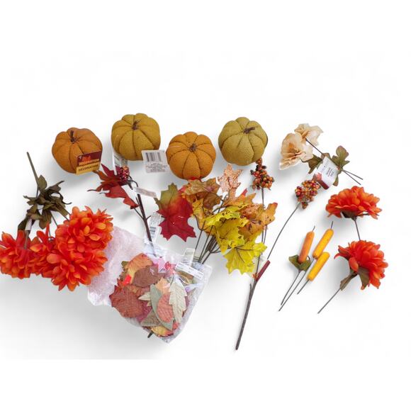 Floral Crafts Burlap Pumpkins Silk Flowers Leaves Berries Autumn Fall Colors - Picture 1 of 4